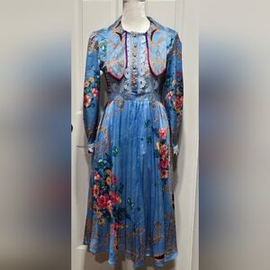 Dalia Macphee Blue Floral Lace Bodice Pleated Midi Dress